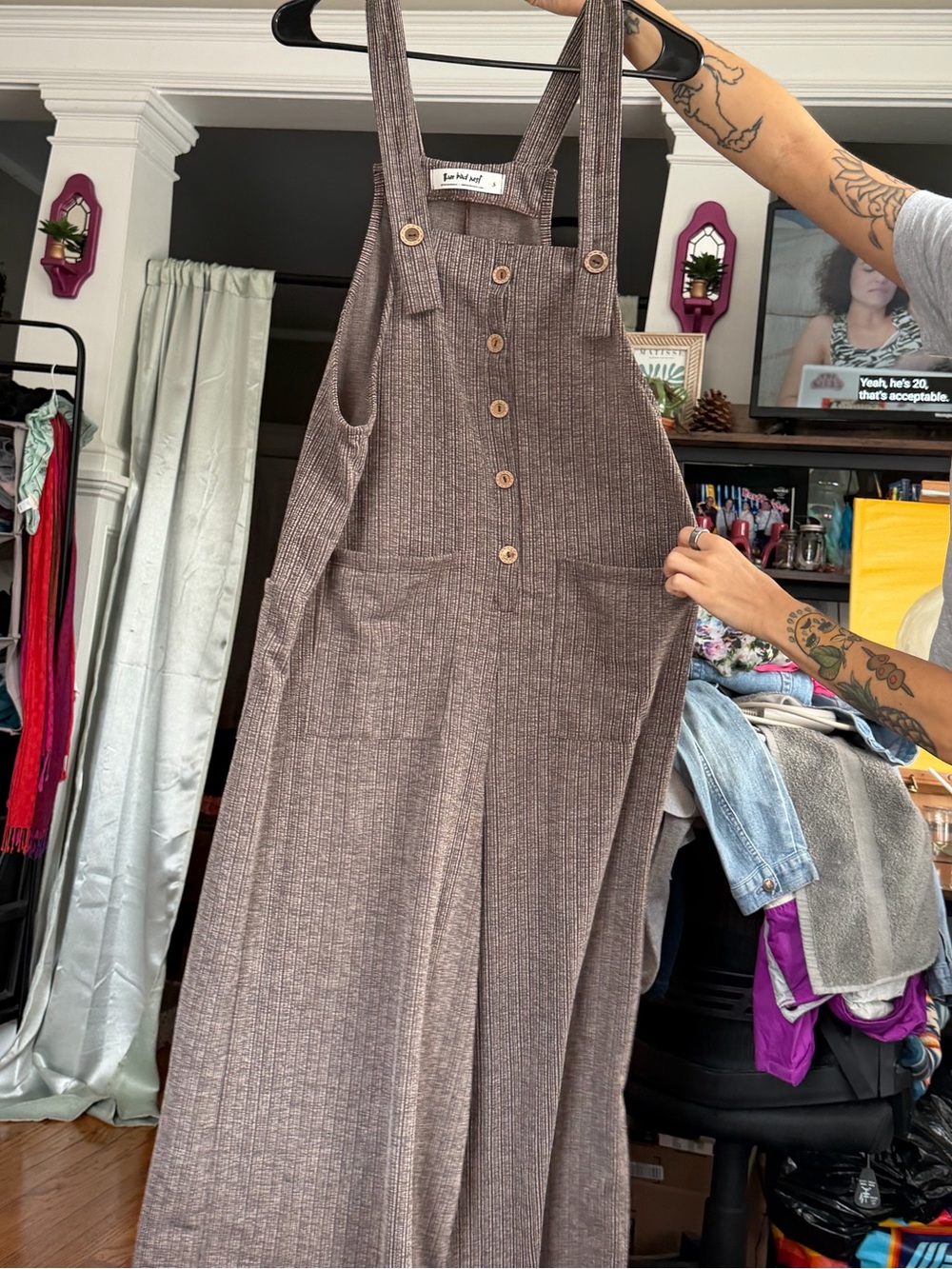 Three Bird Nest Brown Ribbed Wide Leg Overalls Size Small Boho Cottagecore